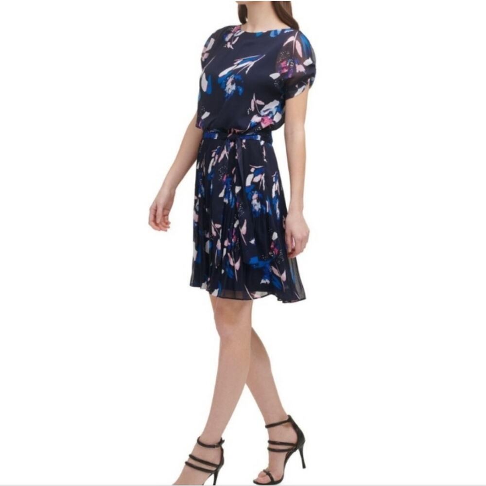 DKNY Navy Blue Floral Chiffon Pleated Tie Belt Mini Dress.  4